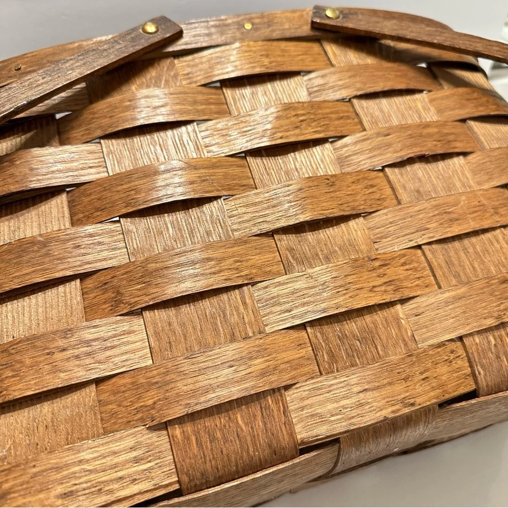 Vintage Dark Brown Woven Basket Wooden‎ Handles Rectangle Skinny Brass Hardware